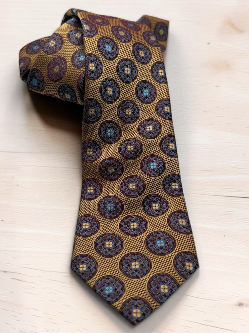 Ermenegildo Zegna Gold Tie with Blue and Brown Medallions